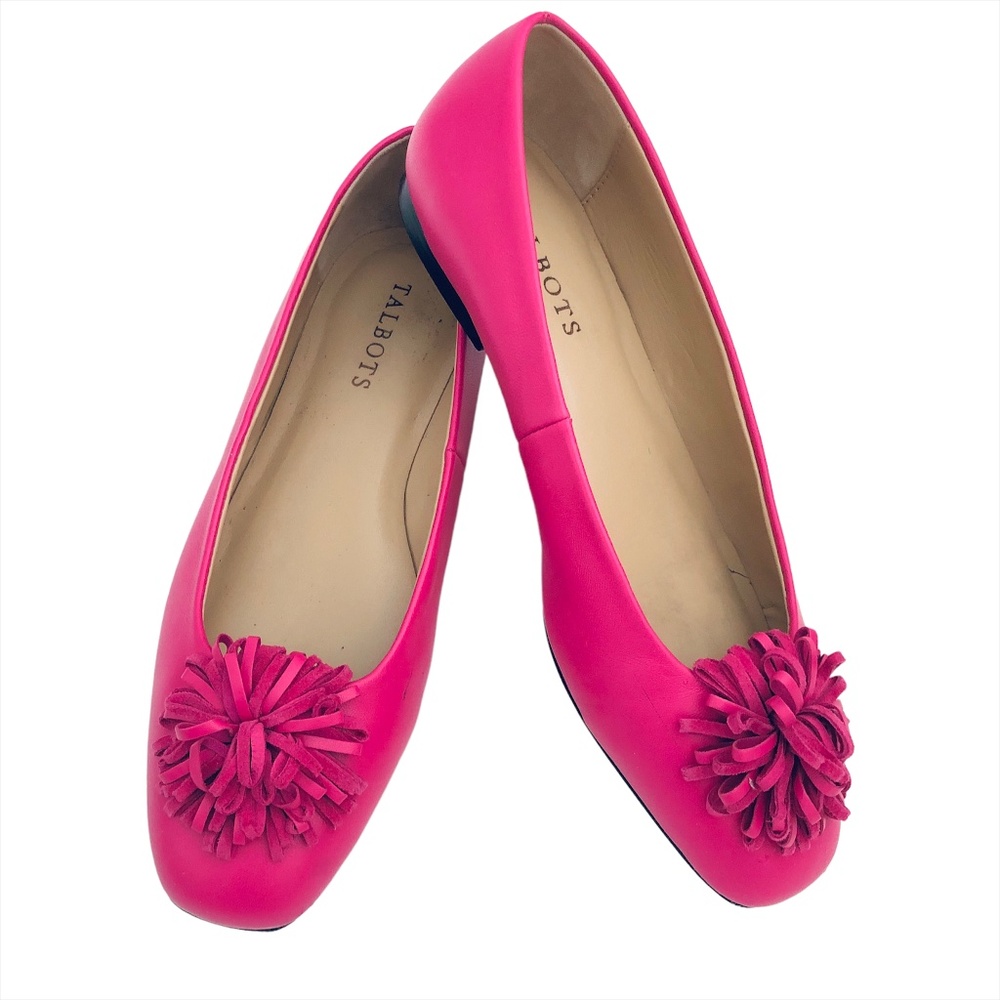 Talbots Hot Pink Leather Ballet Flats with Pom Pom Accent